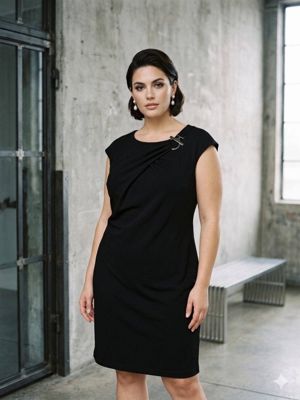 Adrianna Papell Black Midi Sheath Dress Hardware Accent Cocktail Wedding Guest
